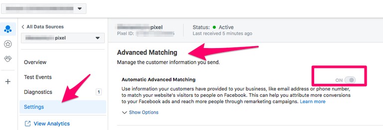 More customer data means bigger, better and more meaningful audiences, which means better targeting for your campaigns. Depending on how you’ve been doing things, auto advanced matching may or may not have a huge impact on performance, but it simplifies a lot of things and gives Facebook additional data to feed into their algorithms. And that, of course, is why Facebook recommends turning on auto advanced matching. Algorithms are only as good as the data they have to work with and, unfortunately, customer behavior is often far more complex than “monkey see, monkey click, monkey convert.” People use different devices, wait weeks or months to convert, change browsers and do all kinds of other things that can make their behavior hard for Facebook to track. With auto advanced matching, however, you’re able to reclaim a lot of that data and feed it to Facebook. It’s like uploading your customer and email lists to Facebook to create a custom audience, but better, because Facebook can connect your current campaigns, identify trends and improve performance. For example, auto advanced matching allows Facebook to collect cached customer data from: Product sales Registration forms Whitepaper downloads Newsletter signups Etc… Best of all, auto advanced matching is pretty easy to set up. All you really have to do is open the Events manager, select your pixel, hit settings and flip the switch.
